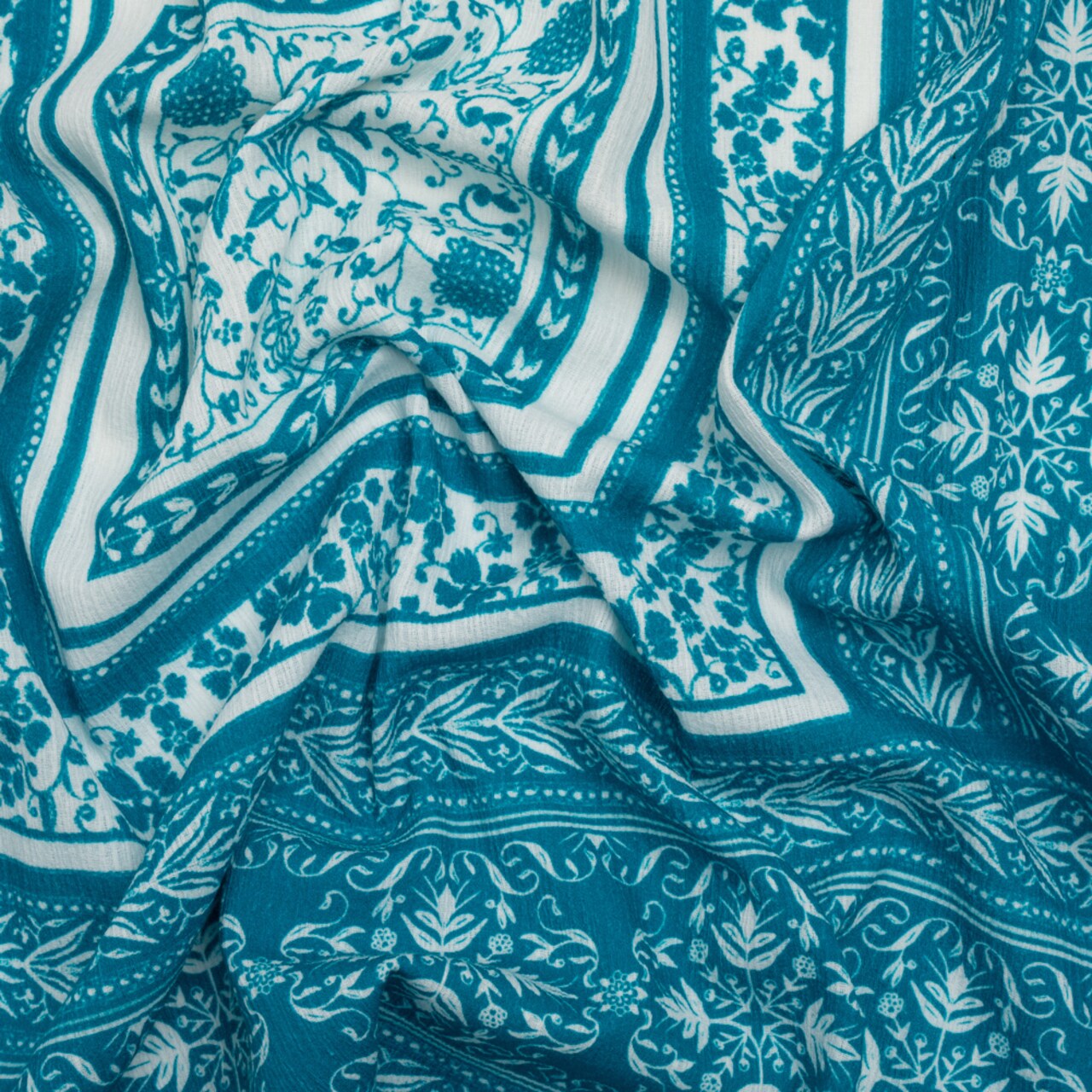 1 Yard Slubbed Gauzy Cotton Woven Panel Blue Floral and Square Print Fabric